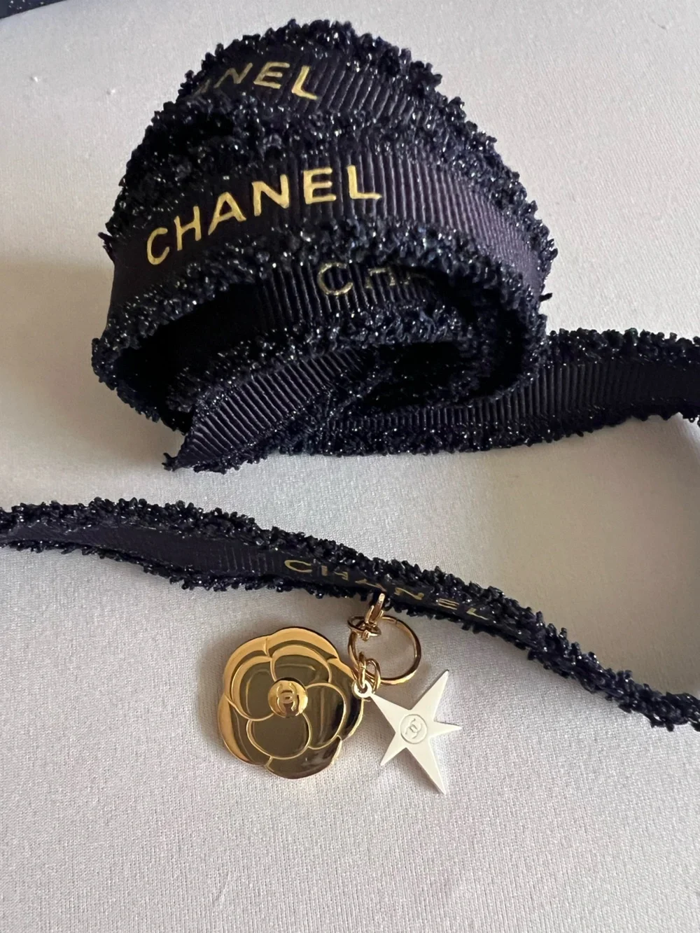 CHANEL Blue Ribbon Rope Charm Gold Camellia with silver Star New